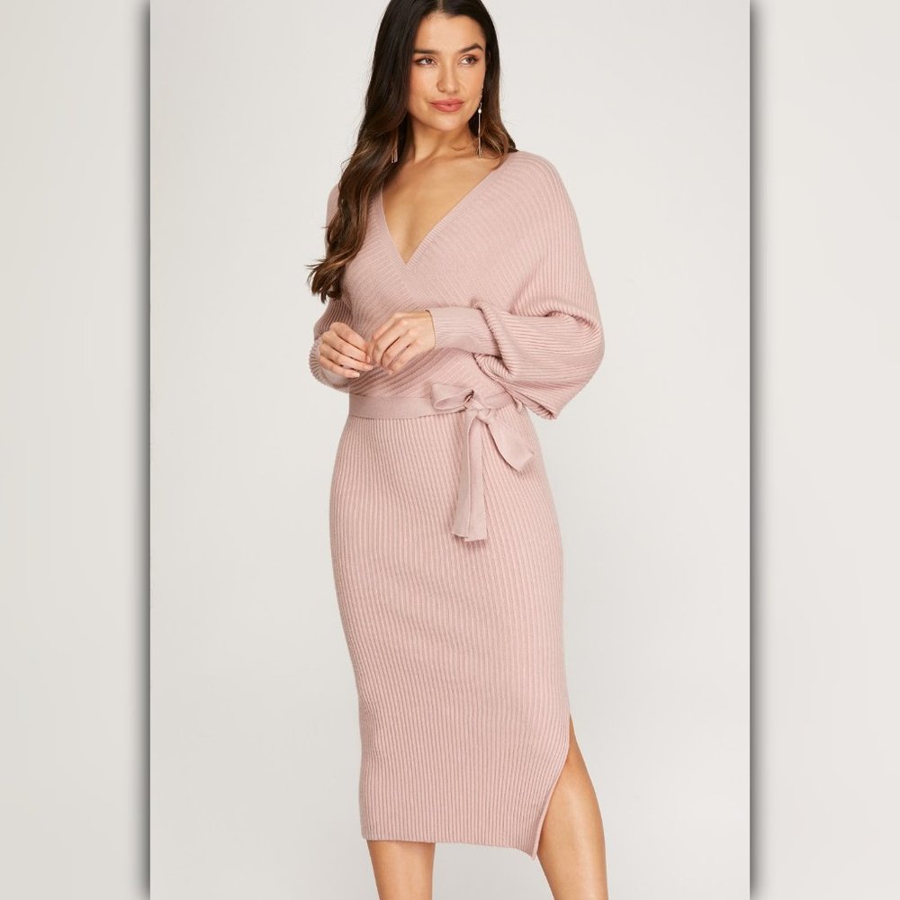 Large - Long Sleeve Knit Sweater Midi Dress with Side Slit and Sash